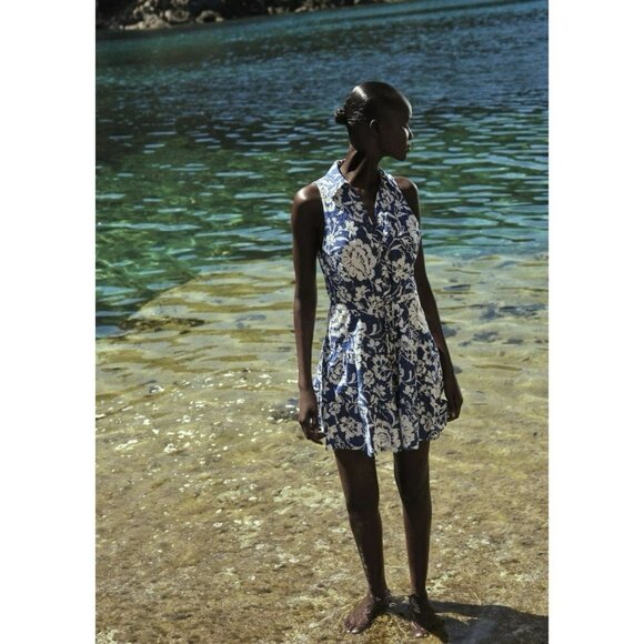 Zara Dresses & Skirts - ZARA Womens Blue White Floral Embroidered Sleeveless Dress Size XL